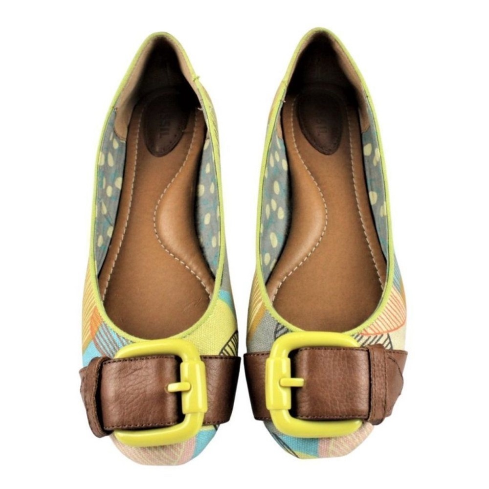 Fossil Ballet Flats Canvas Big Buckle Yellow Green Abstract Print Women's Size 8